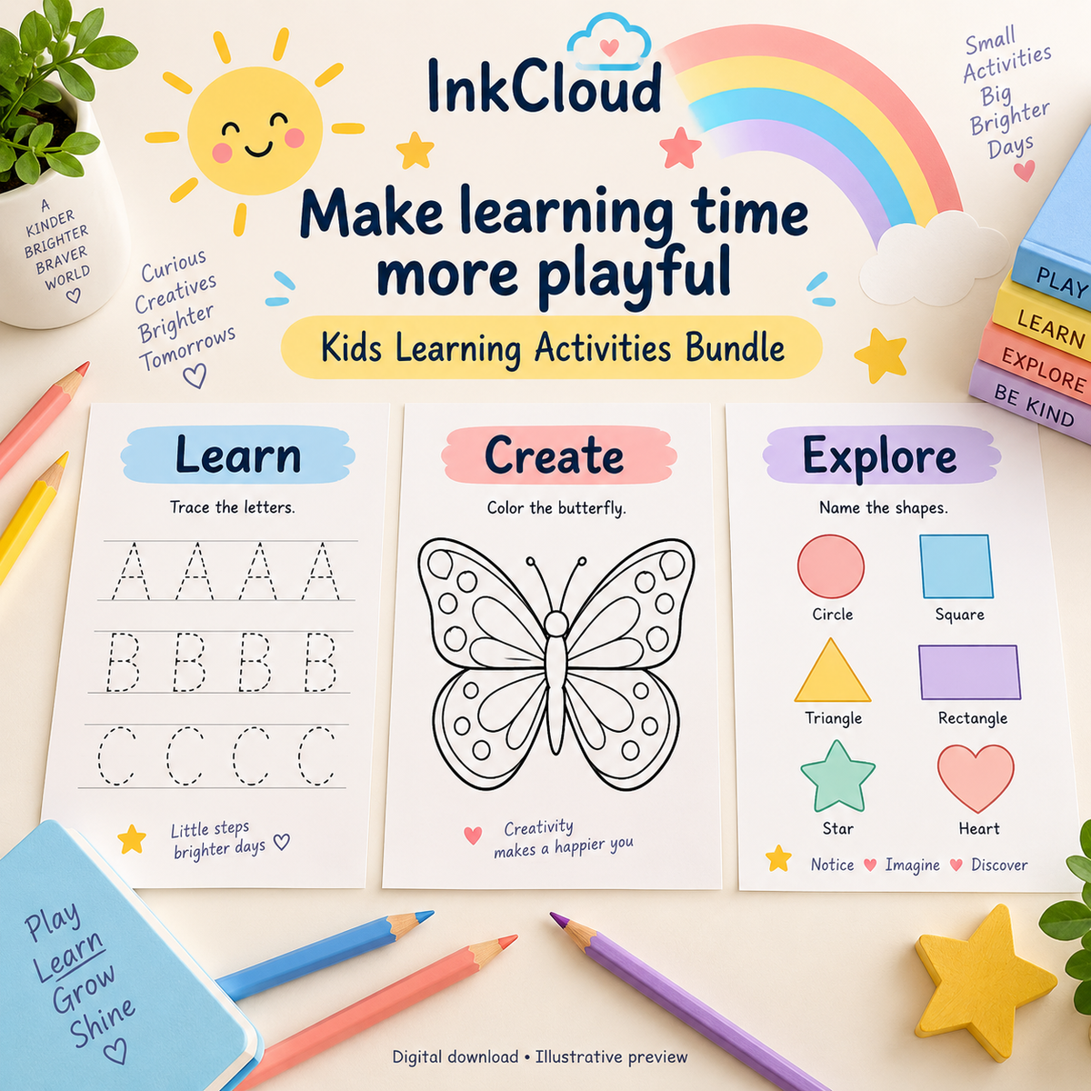 Kids Learning Activities Bundle - Worksheets & Colouring